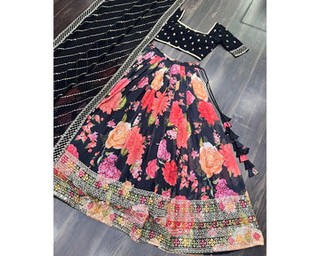 Designer heavy flowerprint bridal black wedding lehenga