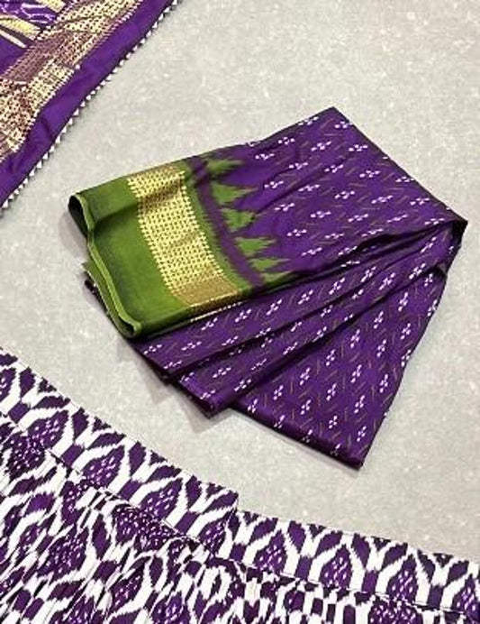 Purple Color Ikkat Print With Foil Work Tussar Silk Lehenga Choli