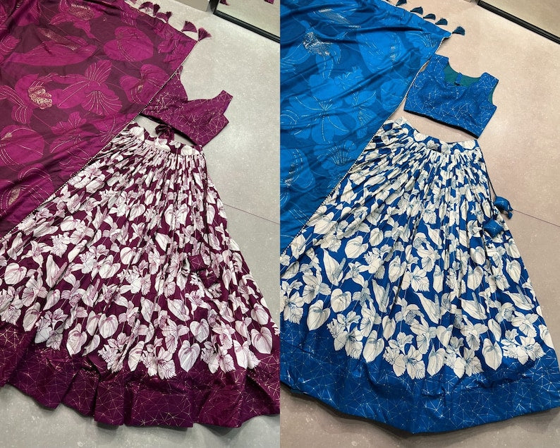 Glamorous Blue Floral Printed Tussar Silk Function Wear Lehenga Choli