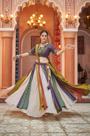 White Multicolor Embroidered Chaniya Choli with Mirror Work