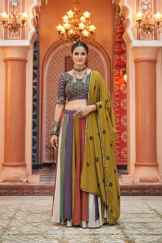 White Multicolor Embroidered Chaniya Choli with Mirror Work
