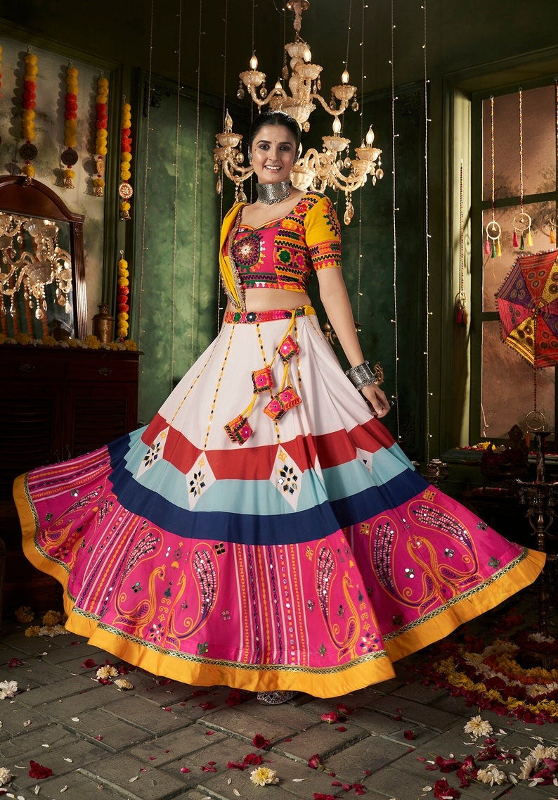 Teal Green Rayon Printed Panelled Style Chaniya Choli