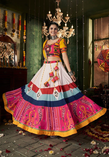 Teal Green Rayon Printed Panelled Style Chaniya Choli