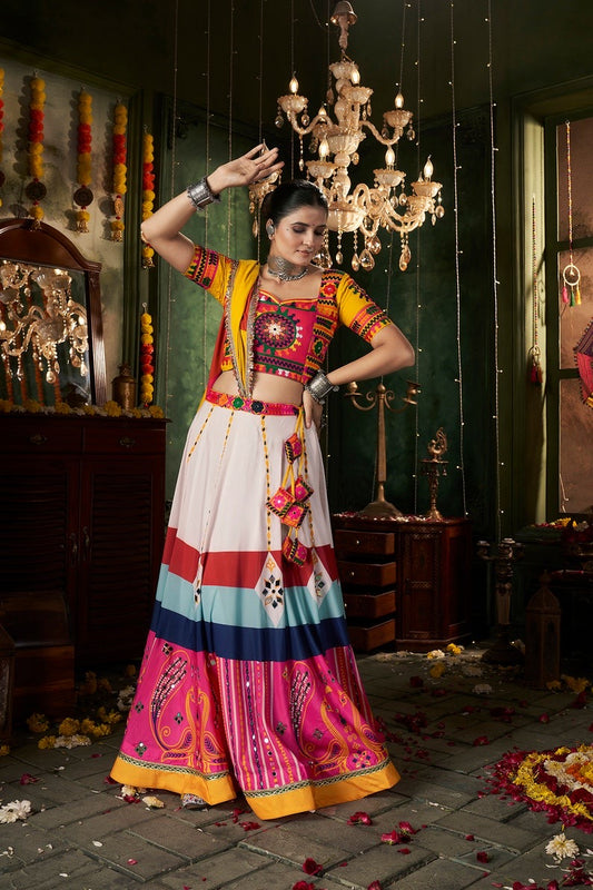 Teal Green Rayon Printed Panelled Style Chaniya Choli