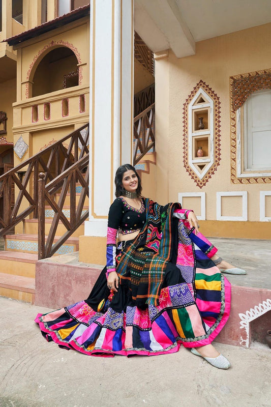 Black Ombre Glitter Sequins Lehenga Choli Set with Embroidered Net Dupatta