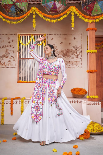 Brilliant-White Navratri Special Viscose Rayon Lehenga Choli With Designer Dupatta