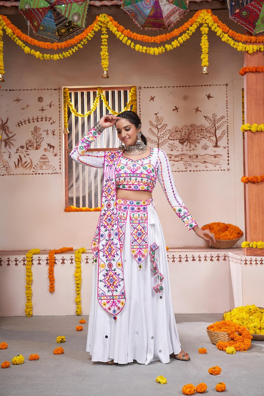 Brilliant-White Navratri Special Viscose Rayon Lehenga Choli With Designer Dupatta