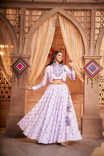 Lovely Lavender Thread Embroidered Cotton Navratri Lehenga Choli With Koti