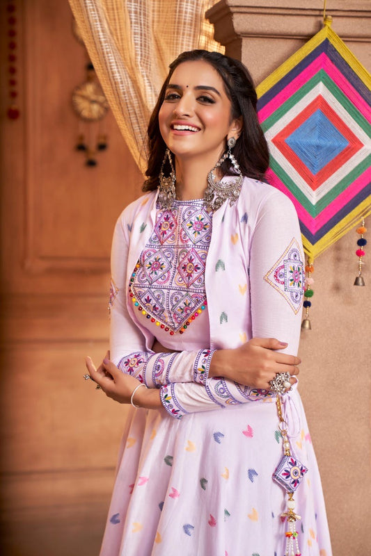 Lovely Lavender Thread Embroidered Cotton Navratri Lehenga Choli With Koti