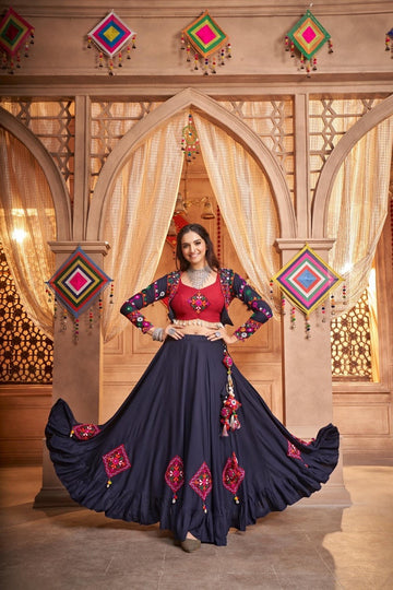 Lovely Lavender Thread Embroidered Cotton Navratri Lehenga Choli With Koti