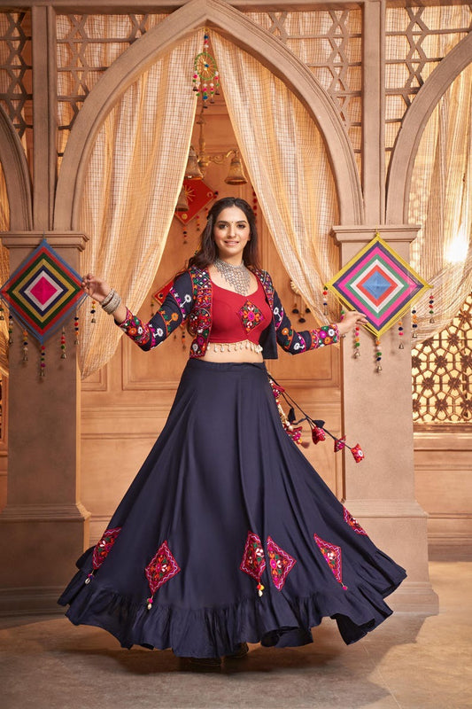 Lovely Lavender Thread Embroidered Cotton Navratri Lehenga Choli With Koti