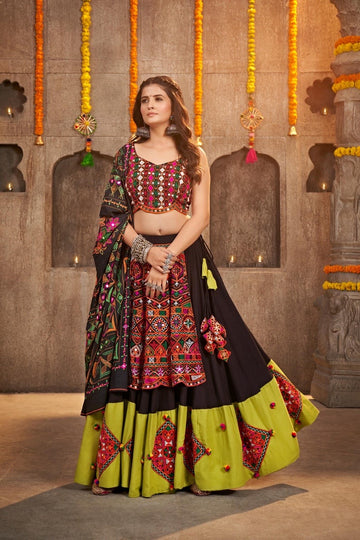 Chiffon Multi Black And Mahendi Readymade Lehenga Choli
