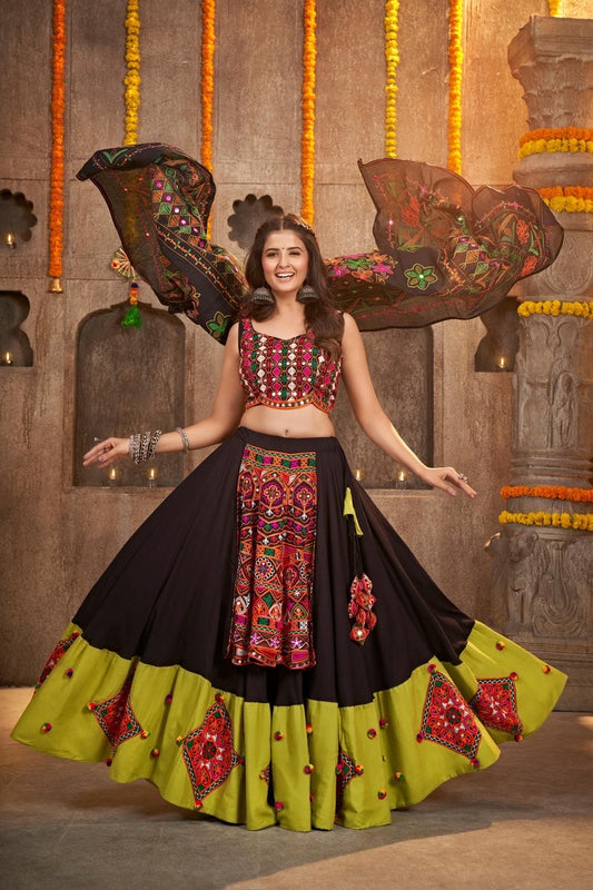 Chiffon Multi Black And Mahendi Readymade Lehenga Choli