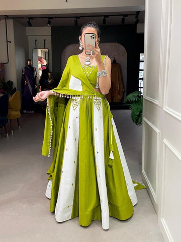 Gorgeous dual color Kali style Parro green cotton Chaniya Choli 6mtr flair with a trendy blouse with mirror work