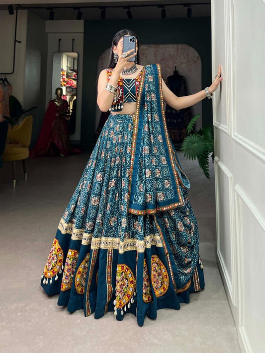Gorgeous dual color Kali style cotton Chaniya Choli 6mtr flair with a trendy blouse with mirror work