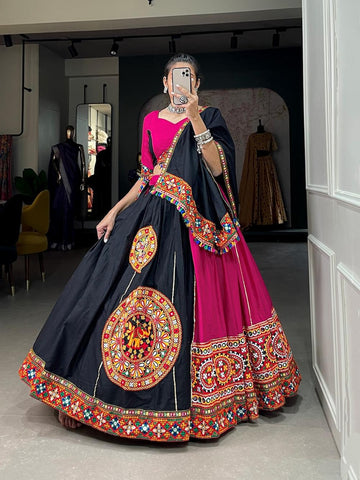 RAJGHARANA ART Women's Taffeta Silk Un-Stitched Lehenga Choli Material.