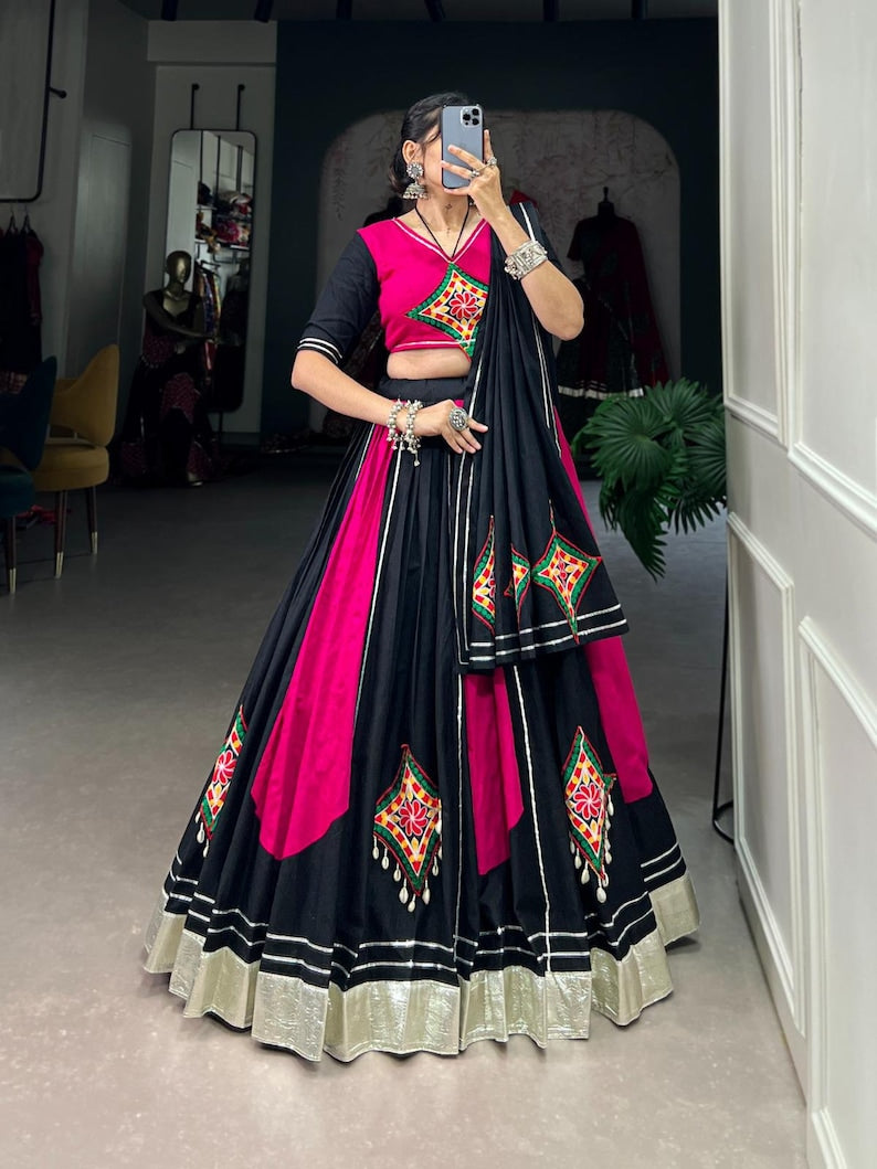 RAJGHARANA ART Women's Taffeta Silk Un-Stitched Lehenga Choli Material.
