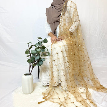 Gold net mirror work (sitara) dupattas for woman / net sequinnce mirror dupattas for woman and girls / party wear net mirror dupattas / net sitara dupattas pack of 1pcs