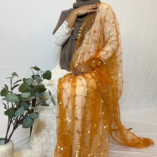 Gold net mirror work (sitara) dupattas for woman / net sequinnce mirror dupattas for woman and girls / party wear net mirror dupattas / net sitara dupattas pack of 1pcs