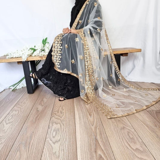 Gold net mirror work (sitara) dupattas for woman / net sequinnce mirror dupattas for woman and girls / party wear net mirror dupattas / net sitara dupattas pack of 1pcs
