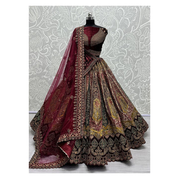 Traditional Wedding Bridal Embroidered Velvet Fabric Lehenga in Maroon Color