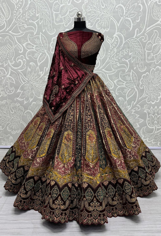 Traditional Wedding Bridal Embroidered Velvet Fabric Lehenga in Maroon Color