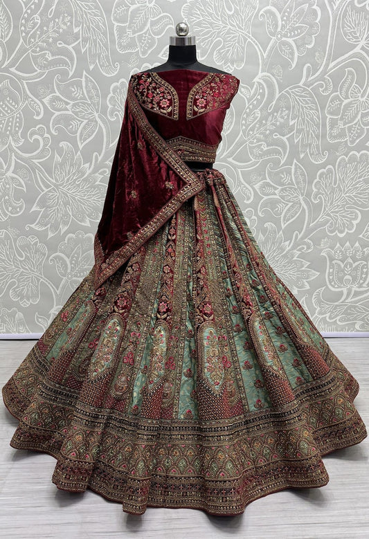 Beige and Maroon Dori, Embroidered, Patch Border, Sequins, Thread and Zari Work Velvet Lehenga Choli