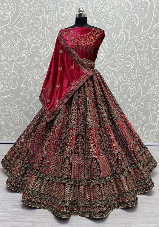 Traditional Wedding Bridal Embroidered Velvet Fabric Lehenga in Maroon Color