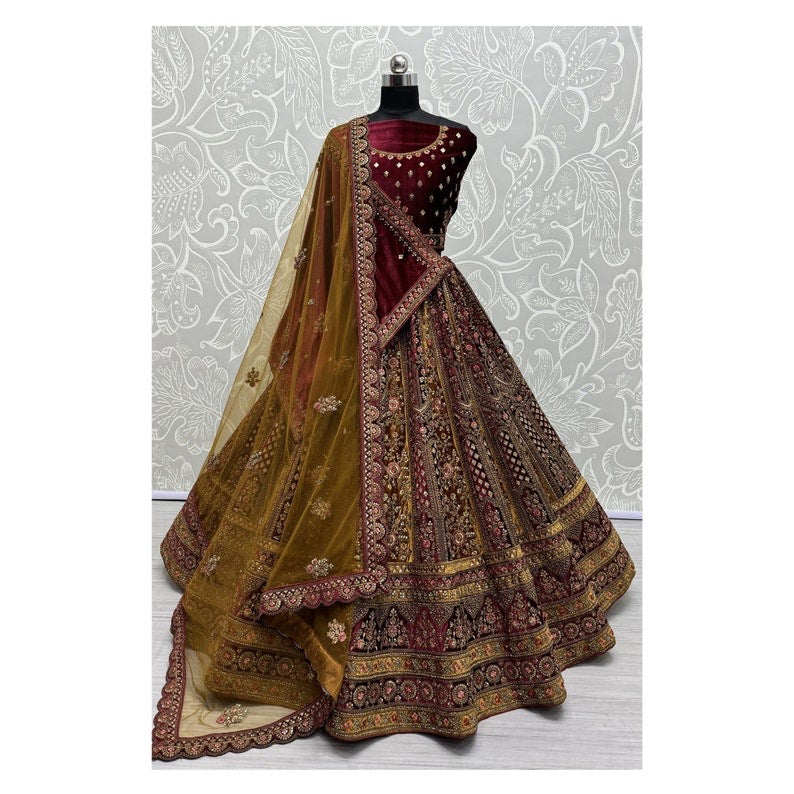 Traditional Wedding Bridal Embroidered Velvet Fabric Lehenga