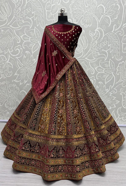 Traditional Wedding Bridal Embroidered Velvet Fabric Lehenga