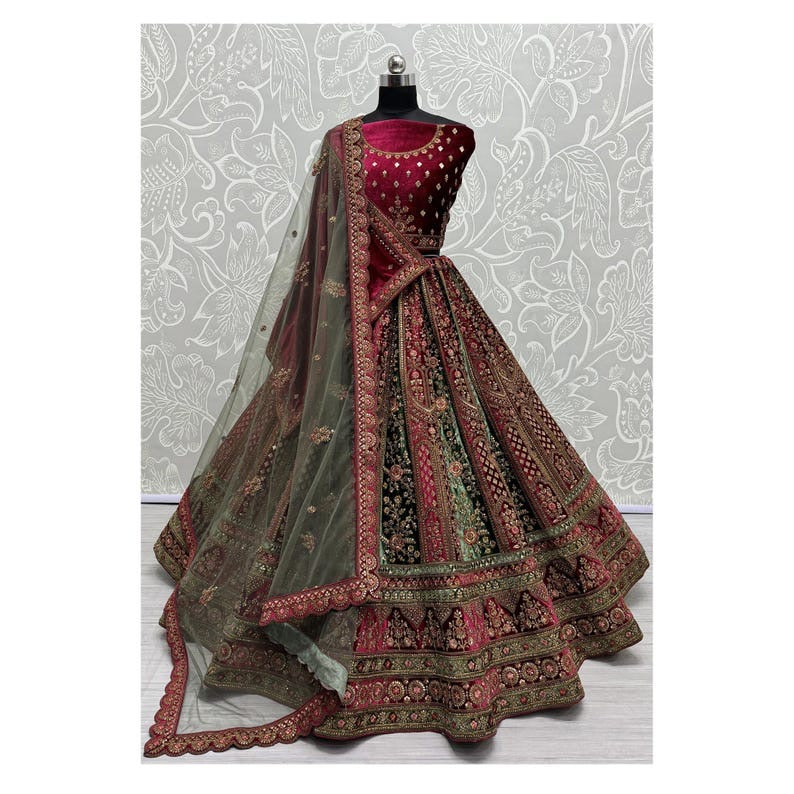 Traditional Wedding Bridal Embroidered Velvet Fabric Lehenga