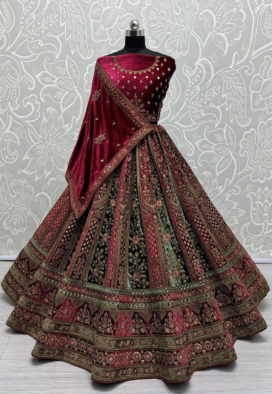 Traditional Wedding Bridal Embroidered Velvet Fabric Lehenga