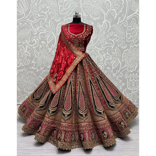 Traditional Wedding Bridal Embroidered Velvet Fabric Lehenga