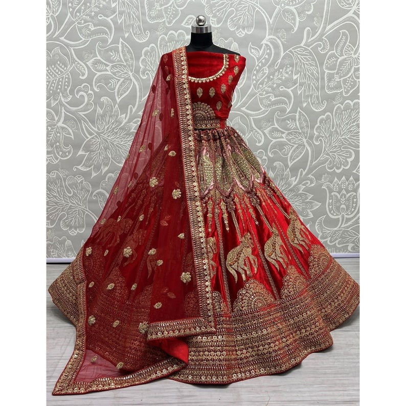 Traditional Wedding Bridal Embroidered Velvet Fabric Lehenga in Maroon Color