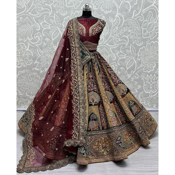 Traditional Wedding Bridal Embroidered Velvet Fabric Lehenga