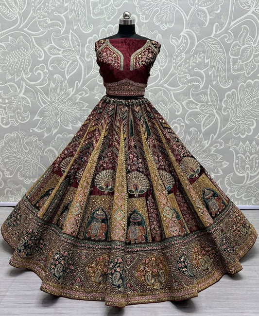 Traditional Wedding Bridal Embroidered Velvet Fabric Lehenga