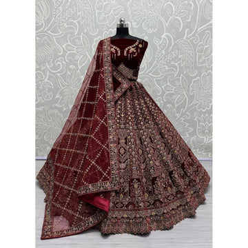 Traditional Wedding Bridal Embroidered Velvet Fabric Lehenga