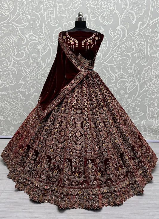 Traditional Wedding Bridal Embroidered Velvet Fabric Lehenga