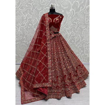 Traditional Wedding Bridal Embroidered Velvet Fabric Lehenga