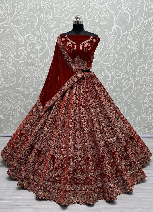Traditional Wedding Bridal Embroidered Velvet Fabric Lehenga