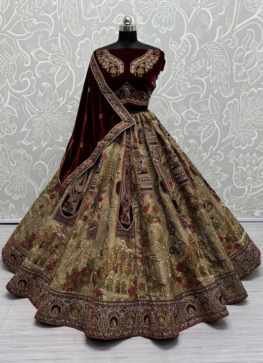Buy Gorgeous Maroon Color Pure Velvet Lehenga With Multi Thread Work, Sequence work, Dori Work, Zircon Diamond