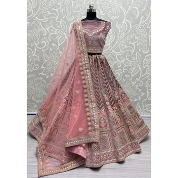 Net Fabric Bridal Lehenga Choli With Embroidery Work In Pink Color
