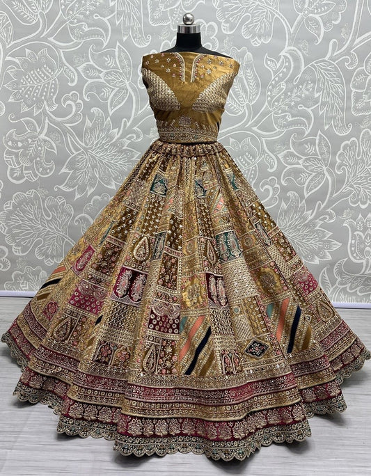 Customary Velvet Multi Green A Line Lehenga Choli