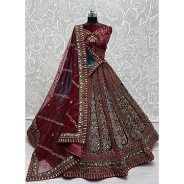 Velvet Fabric Red Color Magnificent Lehenga With Double Dupatta