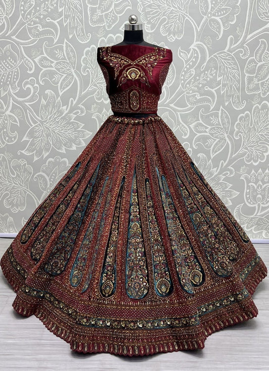 Velvet Fabric Red Color Magnificent Lehenga With Double Dupatta