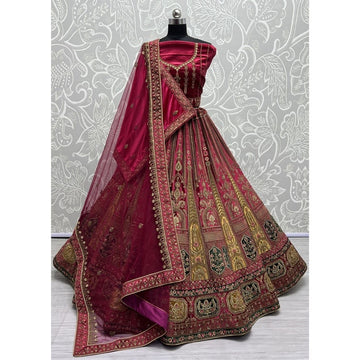 Velvet Fabric Red Color Magnificent Lehenga With Double Dupatta