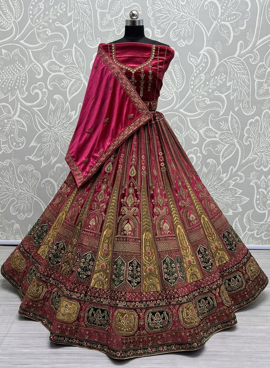 Velvet Fabric Red Color Magnificent Lehenga With Double Dupatta