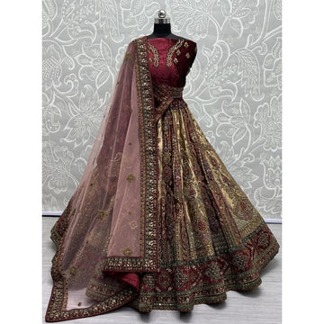 Velvet Fabric Red Color Magnificent Lehenga With Double Dupatta Choli