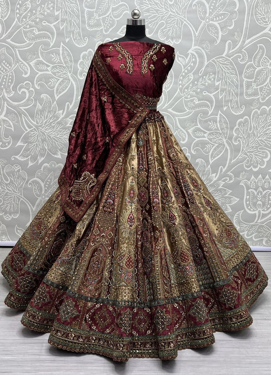 Velvet Fabric Red Color Magnificent Lehenga With Double Dupatta Choli