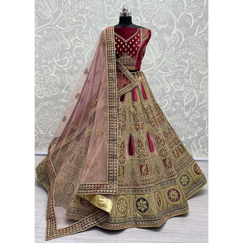 Embroidered Velvet Lehenga in Maroon